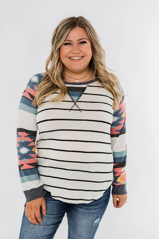 Sale Ends Soon – Don't Miss Out Aztec Sleeve Striped Raglan Top- Ivory & Multicolor