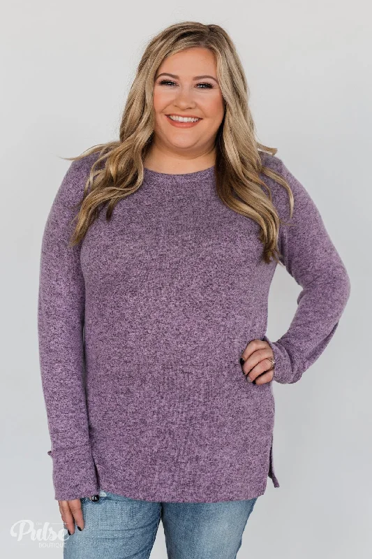 Must-Have Style Discounts Button Down Back Elbow Patch Top- Heather Purple