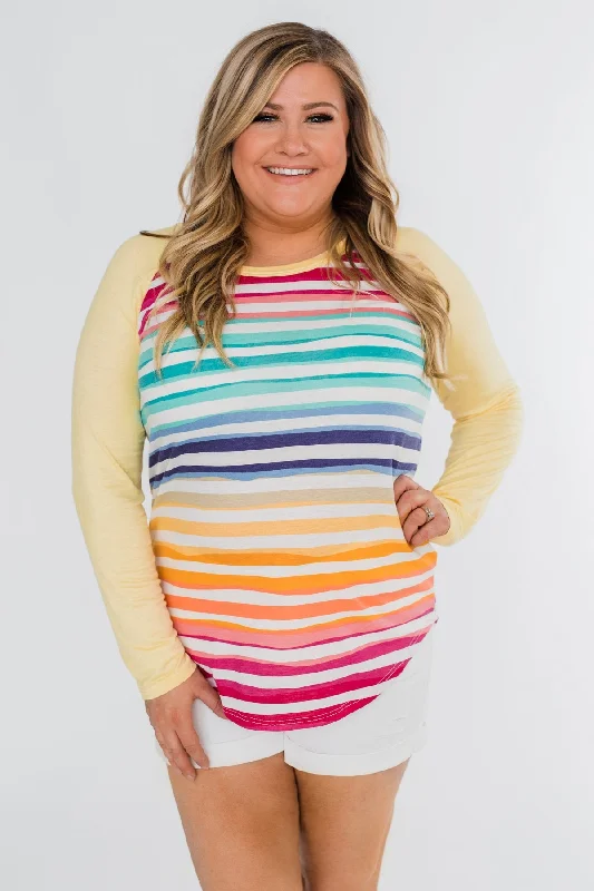 Flirty Fashion Discounts Waves of Color Striped Color Block Top- Yellow