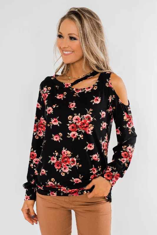 Embrace New Fashion Never Alone Long Sleeve Floral Top- Black