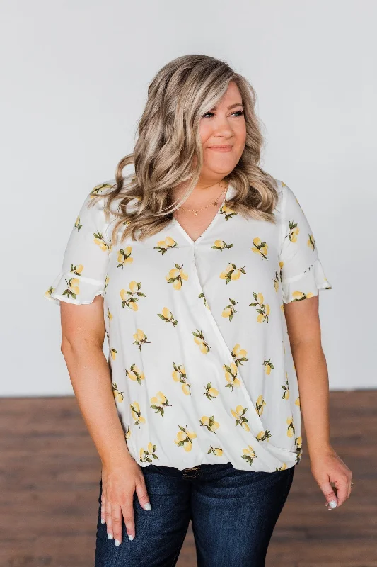 Huge Discounts This Week Lemon Print V-Neck Wrap Top- Ivory