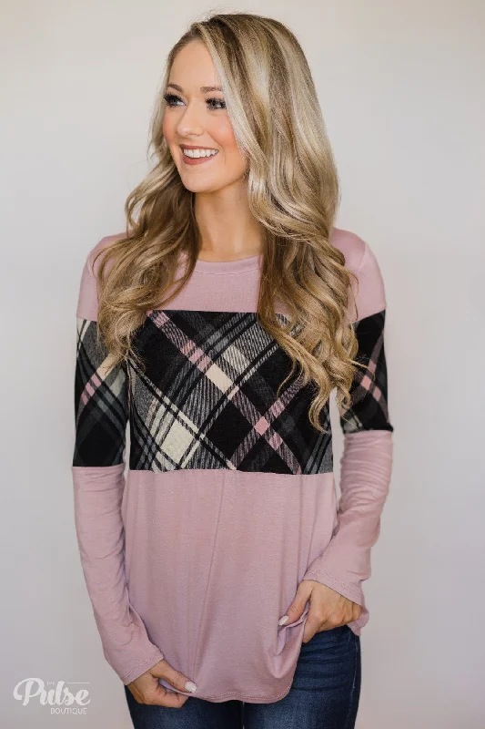 New Season Fashion Preview It Goes Like This Long Sleeve Plaid Top- Light Mauve