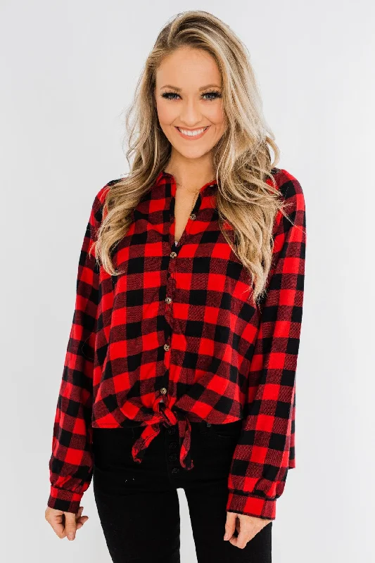 Limited Time Flash Sale Takes Me Back Front Tie Plaid Top- Buffalo Plaid