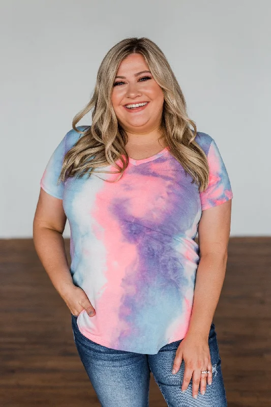 Snag Fabulous Fashion Bargains Draw Me Closer Tie Dye V-Neck Top- Blue, Pink, Purple