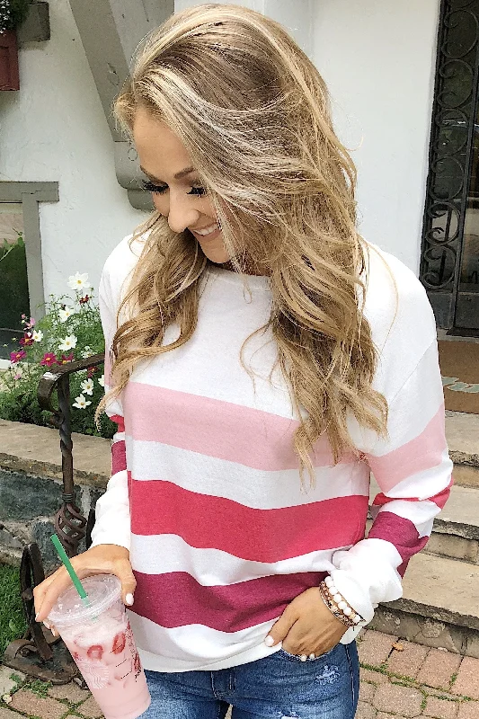 Elevated Casual Discounts Dreaming of You Striped Pullover Top- Berry Mix