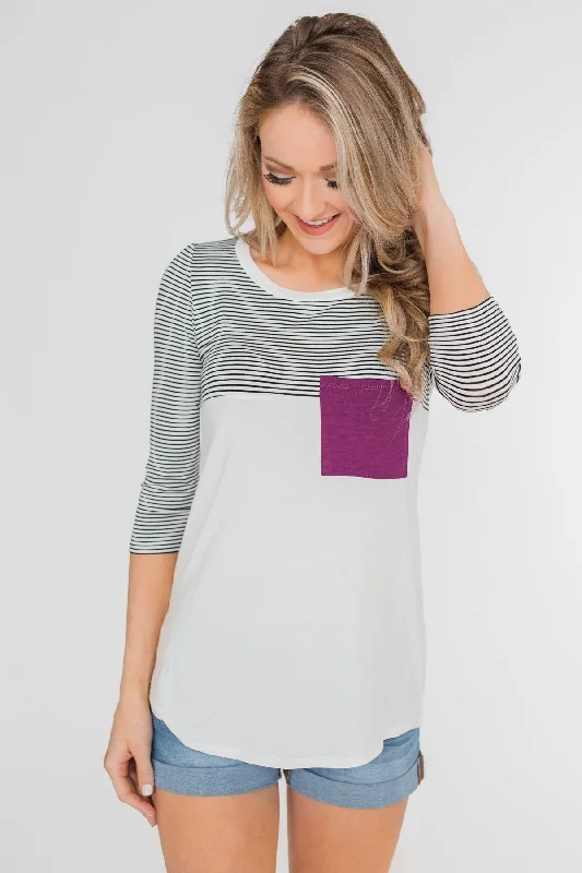 Seasonal Picks Striped 3/4 Sleeve Pocket Top- Magenta