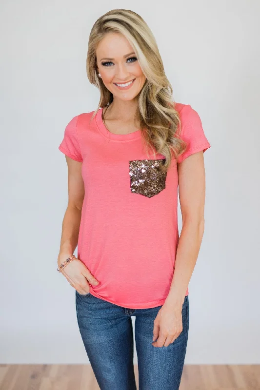 Luxe Fashion, Less Cost Glam Pocket Short Sleeve Top- Pink