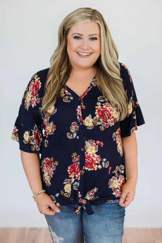 Latest Trends What it Takes Floral Button Top- Navy