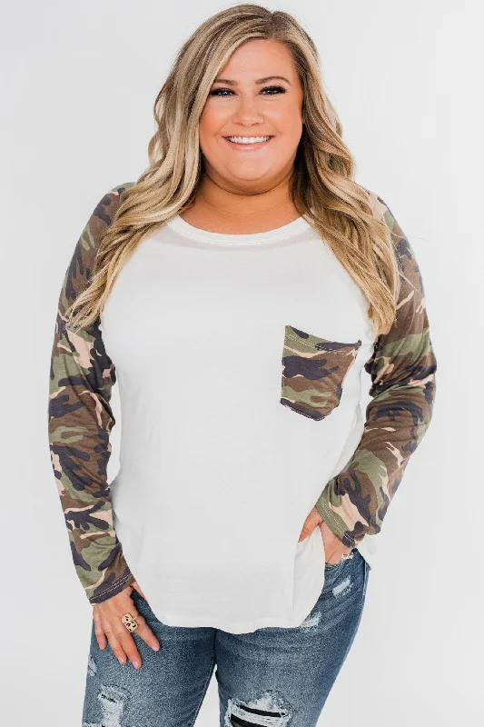 Your Favorite Items, Now At Lower Prices Simply Me Long Sleeve Camo Top- Ivory