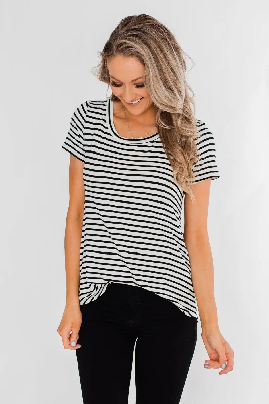 Feminine Style Promotions Lift Me Up Short Sleeve Striped Top- Black & Ivory