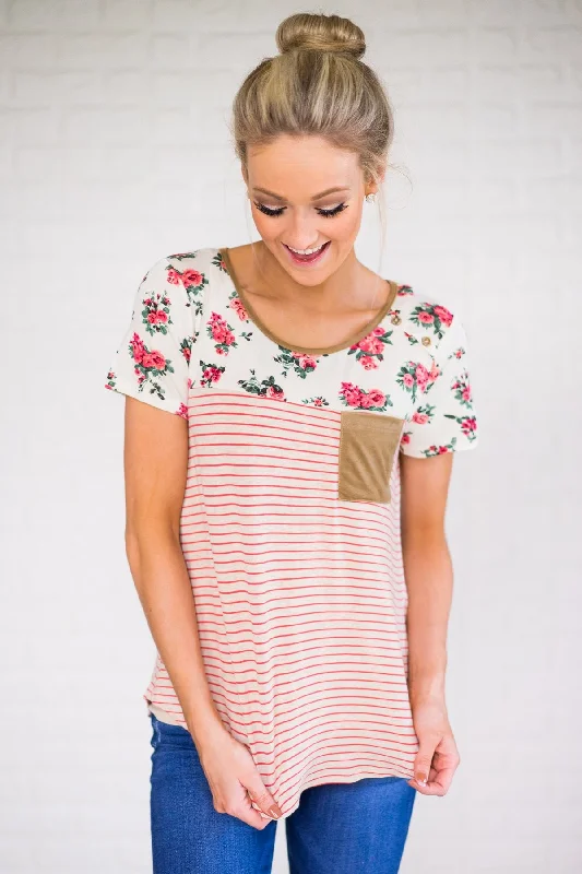 Refined Fashion Sale Short Sleeve Floral & Stripes Top ~Pink