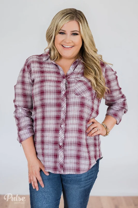 Hot Sale Button Up Plaid Top- Ivory & Wine