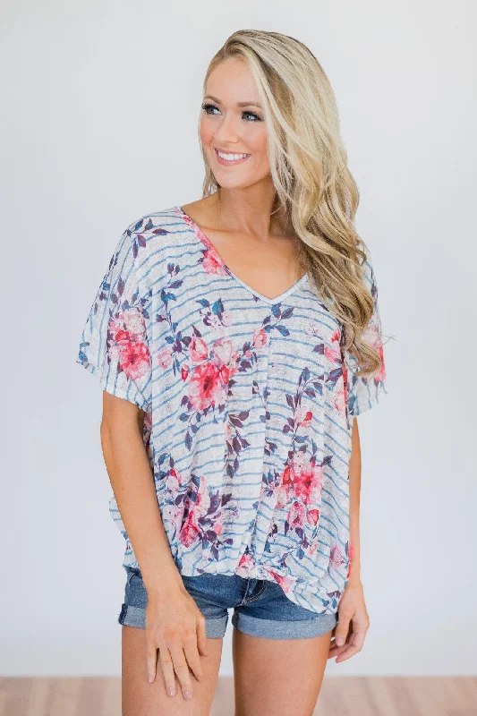 Budget Friendly Where You Are Floral Knot Top- Blue