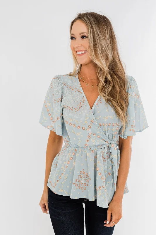 Statement Pieces At Statement Savings The Things You Say Floral Wrap Top- Light Blue