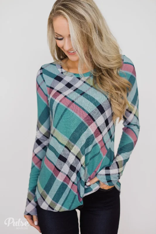 Stylish Looks Plaid Twist Top- Blue
