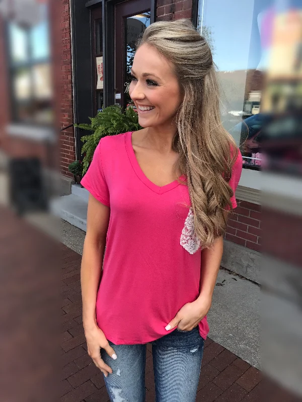 Stay Ahead In Style Torn Over You Lace Pocket Top- Watermelon