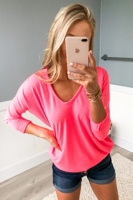 Bold Fashion Sales Dolman Sleeve Solid Lounge Top- Neon Pink