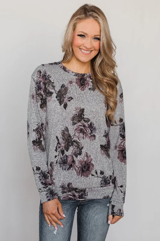 Latest Fashion Bloom in the Dream Floral Pullover Top - Heather Grey