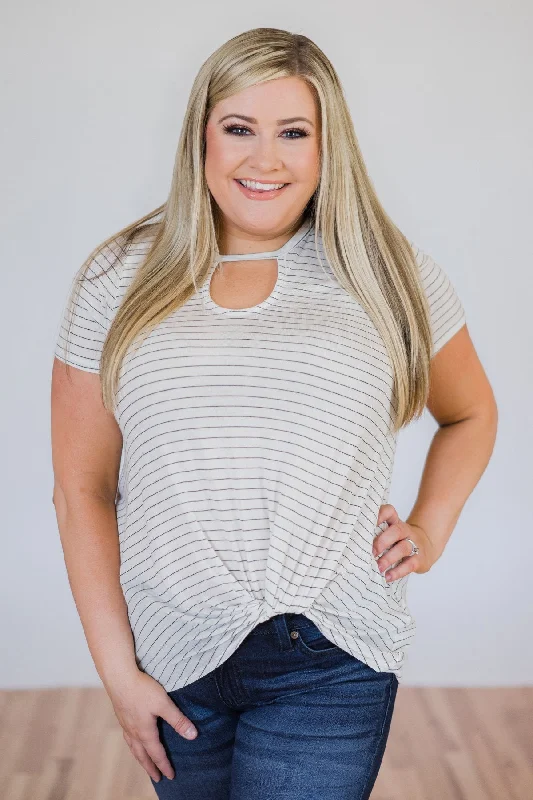 Break Fashion Norms Key Hole Striped Knot Top- Ivory