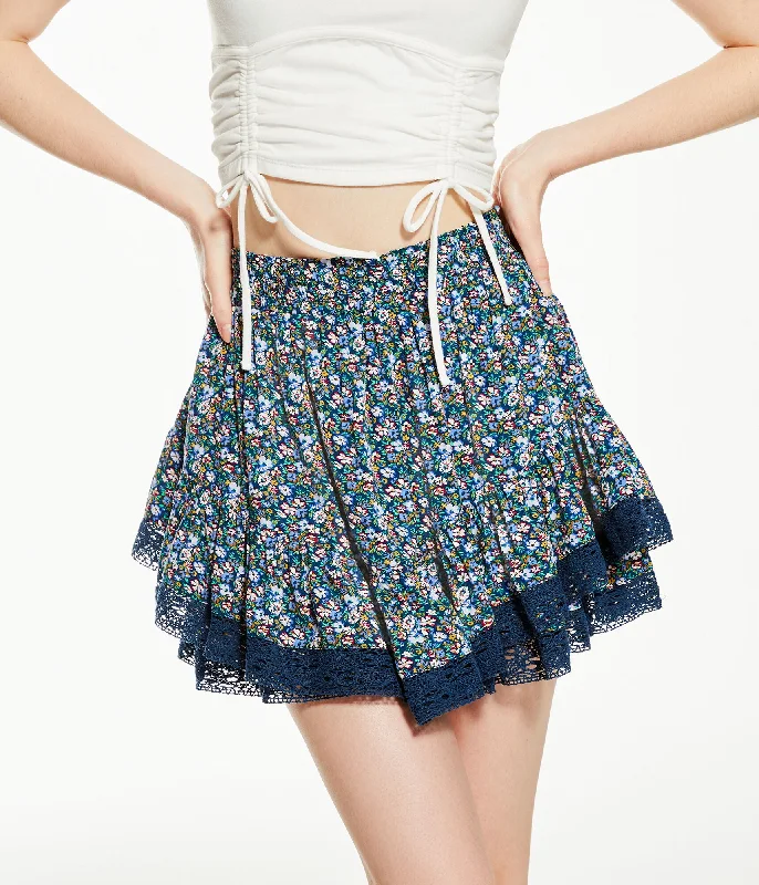 Aeropostale Floral High-Waisted Flippy Lace-Trim Skirt