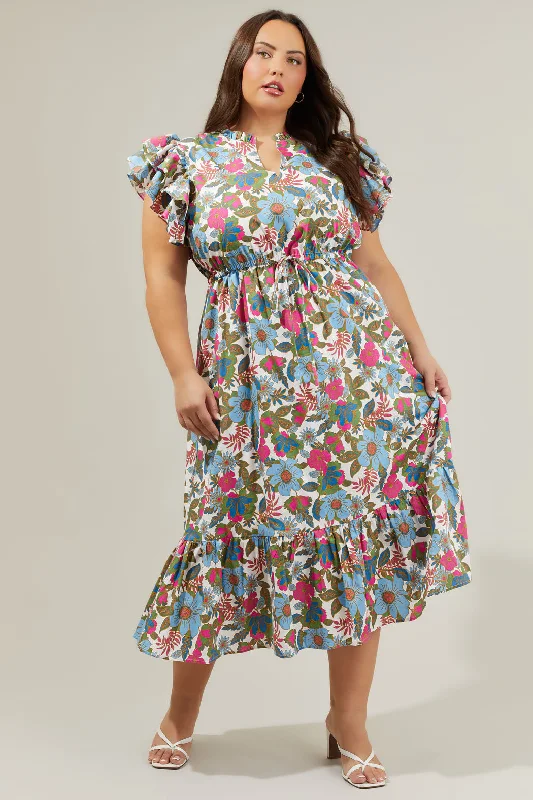 Women's Professional Clothes Avitall Floral Dillan Midi Ruffle Dress Curve