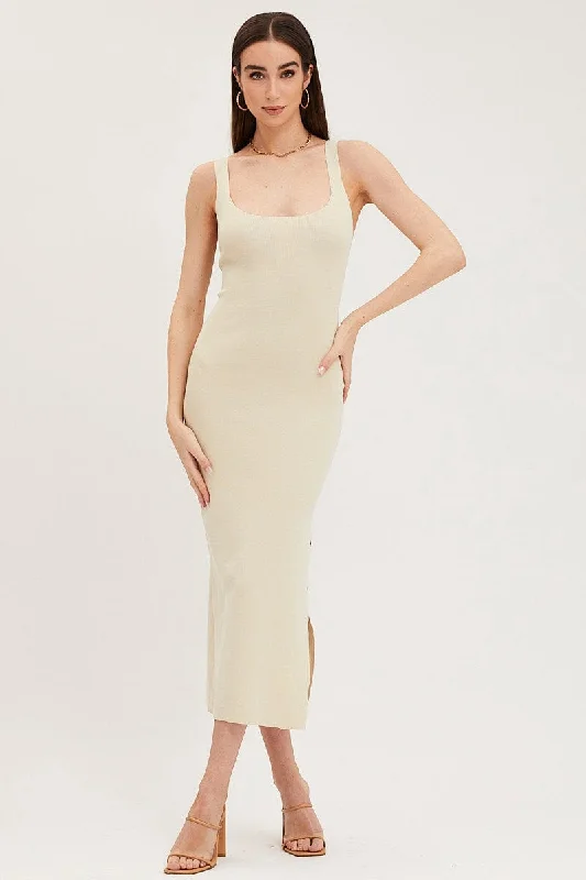 Women's Outerwear Attire Beige Cut Out Back Knit Dress