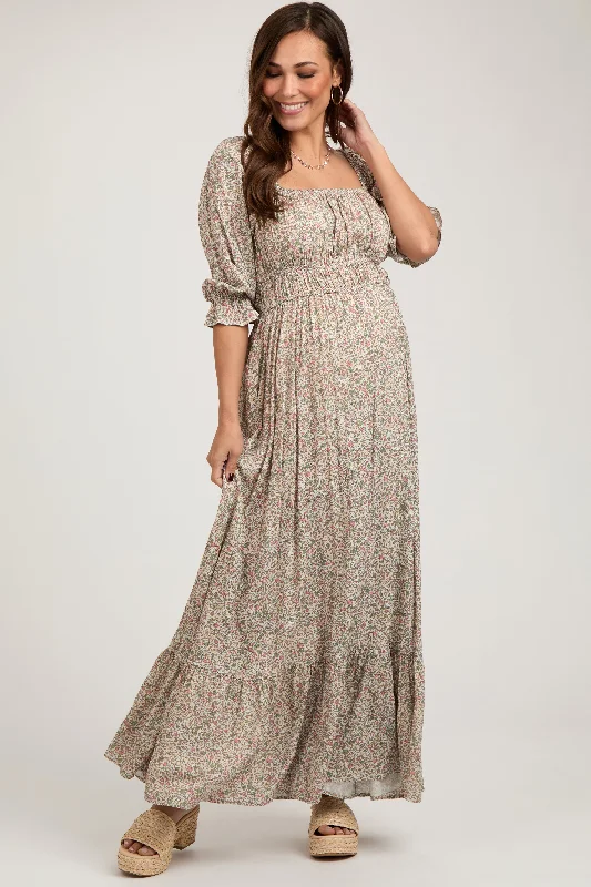 Women's Clothing For Outdoor Activities Beige Floral Criss Cross Back Maternity Maxi Dress