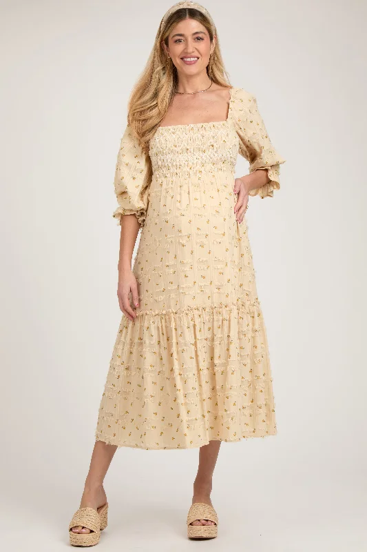 Beige Floral Square Neck Smocked Fringe Maternity Midi Dress