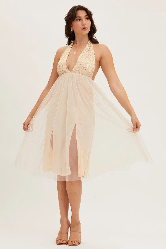 Chic Women's Clothing for Date Nights Beige Midi Dress Backless V Neck Lace
