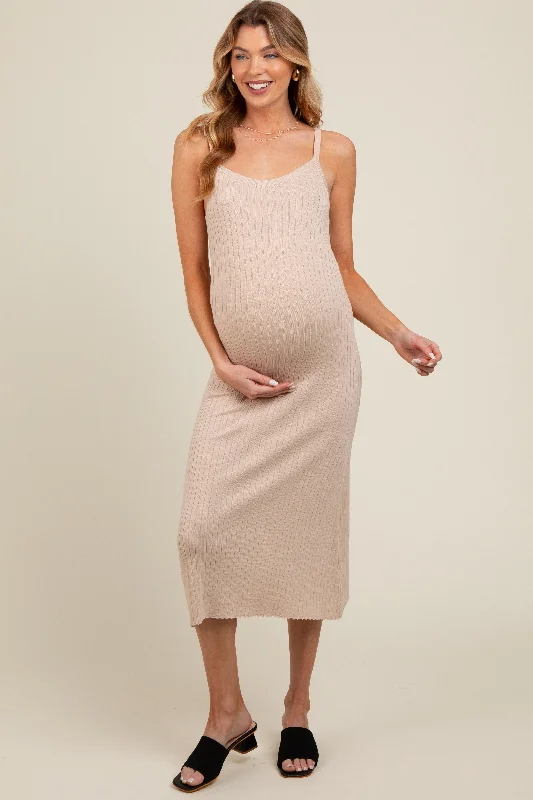 Women's Elegant Formal Outfit Beige Square Neck Ribbed Sleeveless Maternity Midi Dress
