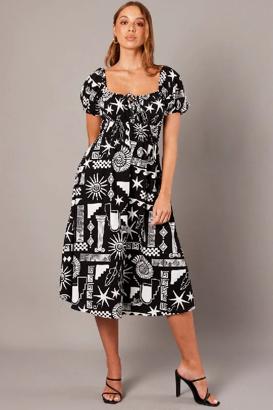 Black Abstract Midi Dress Short Sleeve Ruched Bust