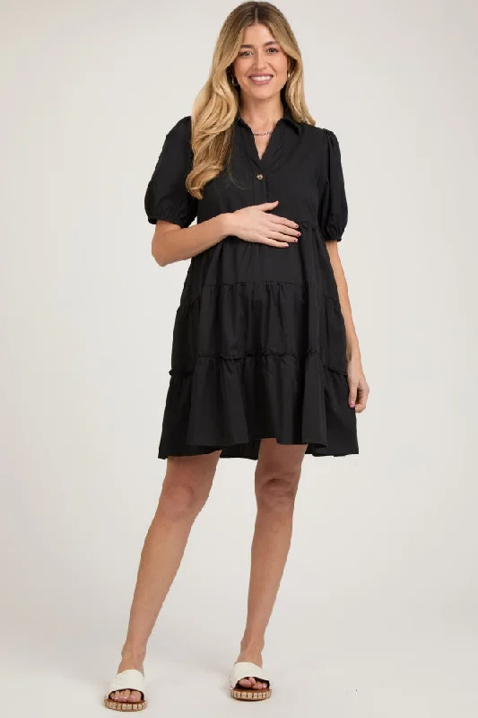 Black Collared Tiered Maternity Dress