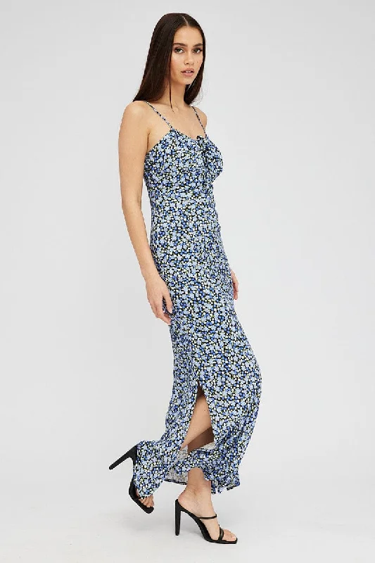Early Bird Offer Black Ditsy Midi Dress Gathering Bust Sleeveless