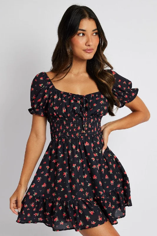 Black Floral Fit And Flare Dress Puff Sleeve Mini