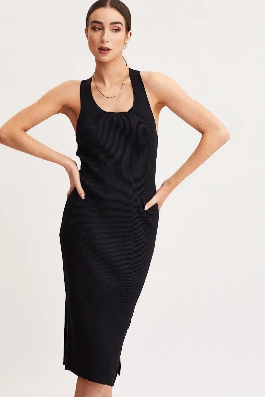 Classic Women's Clothing Styles Black Keyhole Dress Sleeveless Midi Knit