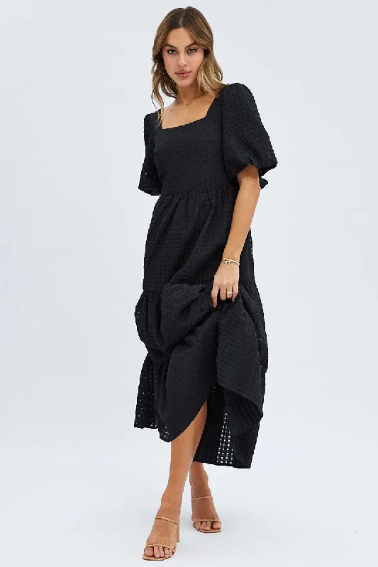 Clothing For Women Black Maxi Dress Short Sleeve Tie Back Tiered