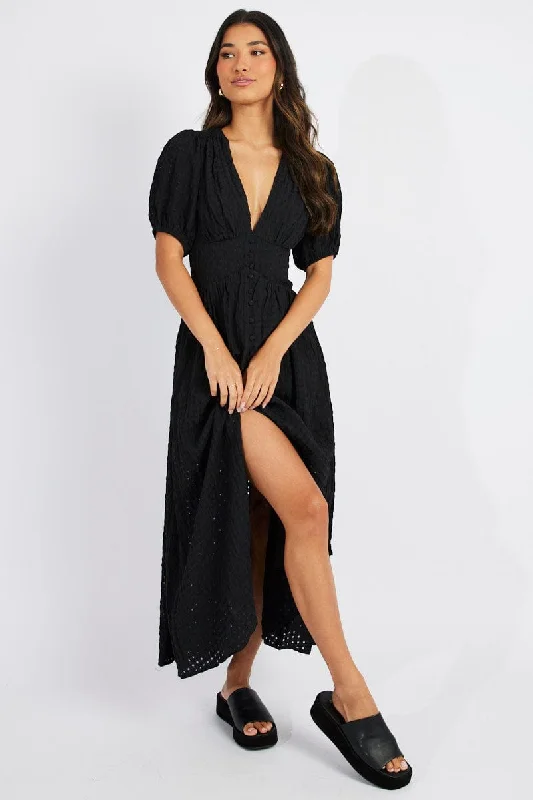 Black Midi Dress Puff Sleeve