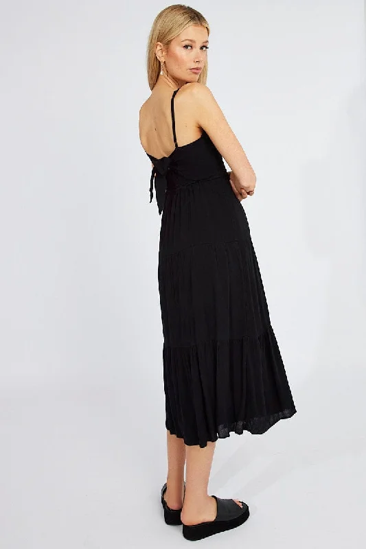 Black Midi Dress Sleeveless Shirred Tie Back