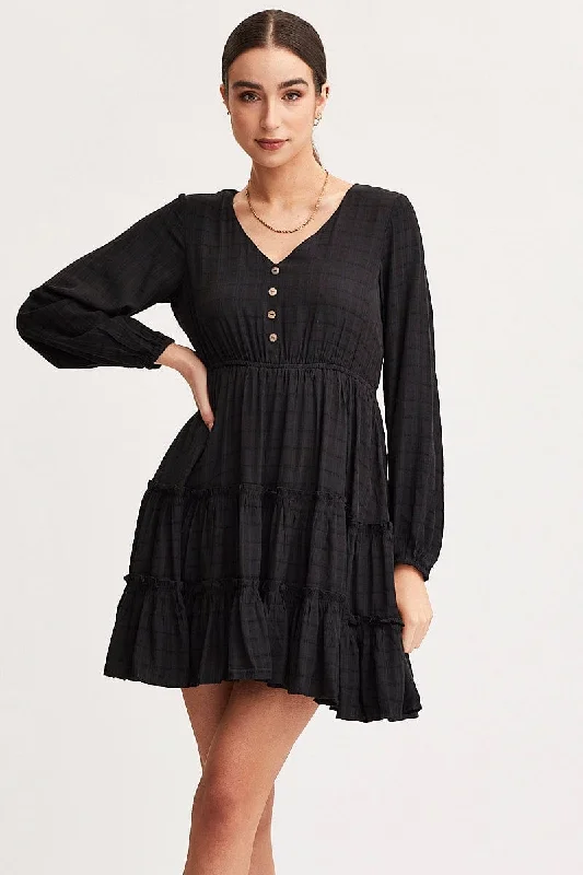 Women's Clothing For Work Black Skater Dress Long Sleeve Mini