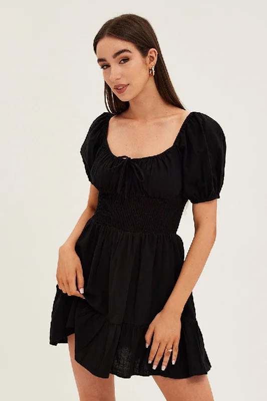 Women's Party Outfit Black Skater Dress Short Sleeve Mini