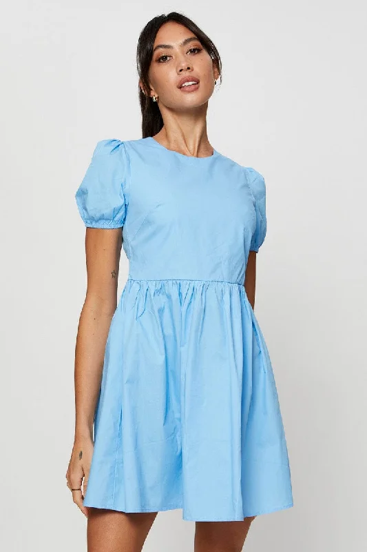 Clothes Women Blue Mini Dress Short Sleeve Round Neck