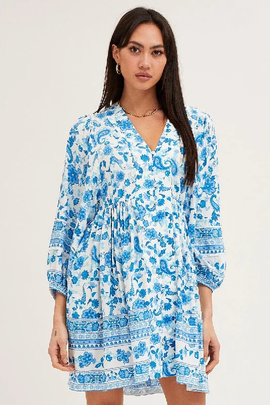 Women's Fashion Clothes Boho Print Smock Dress Long Sleeve Mini V Neck