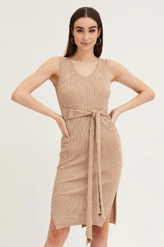 Luxury Women's Clothing Brown Knit Midi Dress
