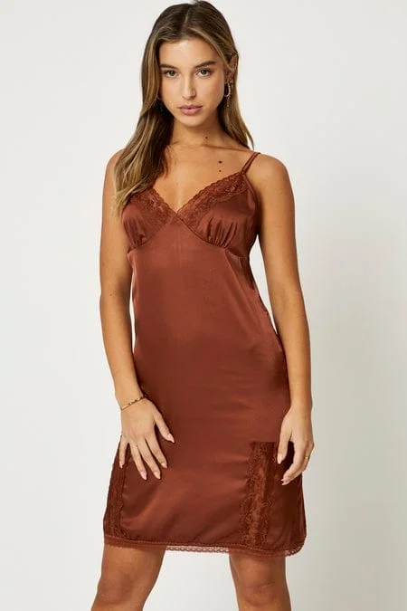 Brown Lace Trim Slip Dress