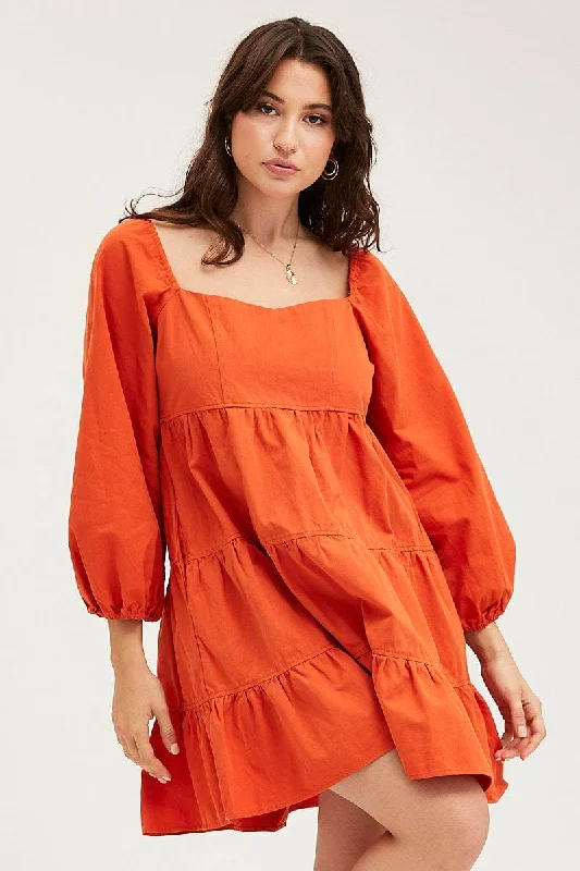 Women's Evening Apparel Brown Tiered Dress Long Sleeve Mini