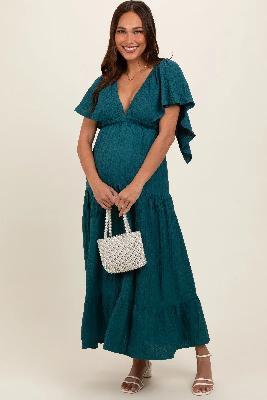 Trendy Casual Outfits Emerald Deep V-Neck Flutter Sleeve Tiered Maternity Midi Dress