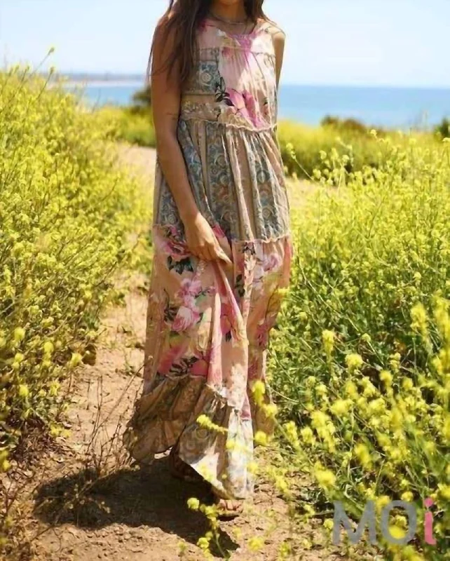 Women's Elegant Evening Attire Floral Boho Mixed Print Maxi In Pink