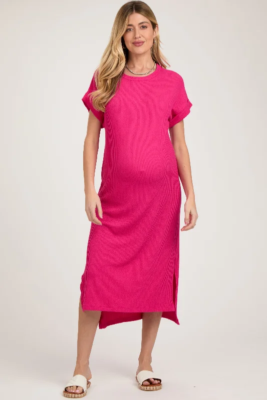 Fuchsia Ribbed Short Sleeve Maternity Midi Dress