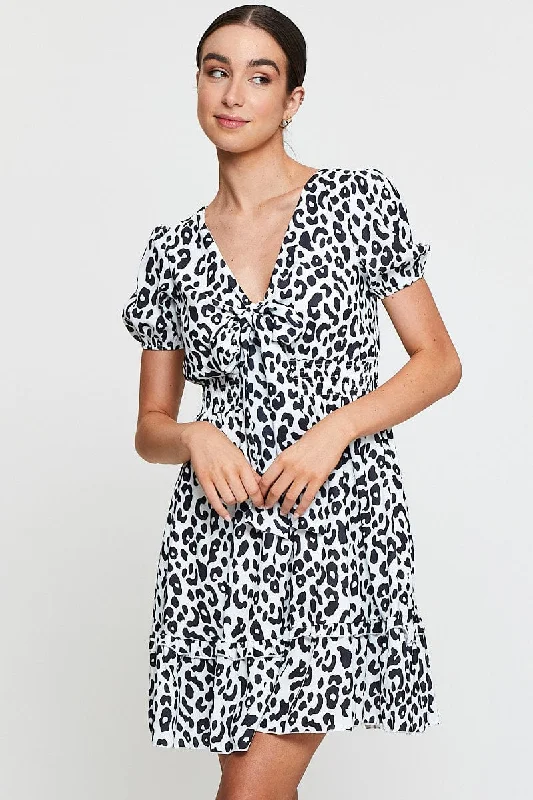Women Fashion Geo Print Mini Dress Short Sleeve V Neck Tie