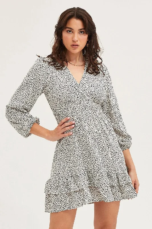 Women's Clothing Outfit Set Geo Print Skater Dress Long Sleeve Mini Ruffle